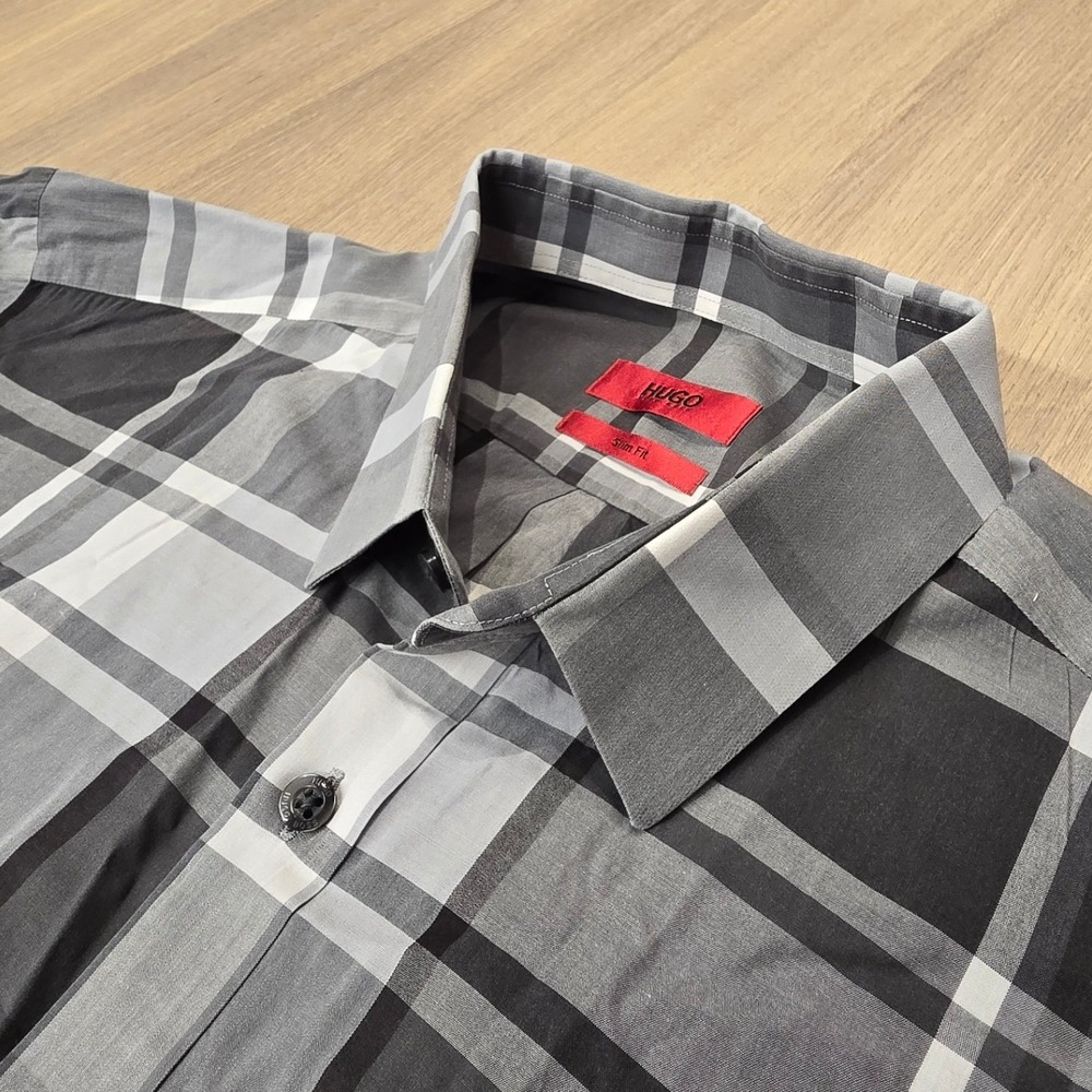 Hugo Boss Ero Slim Fit Shirt Mens Small Grey Black Plaid Long Sleeve